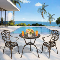 Ensemble de jardin 3 pièces Garvee en aluminium moulé avec trou pour parasol, idéal pour le jardin, le balcon et la terrasse. Finition laiton rétro, robuste et élégant.