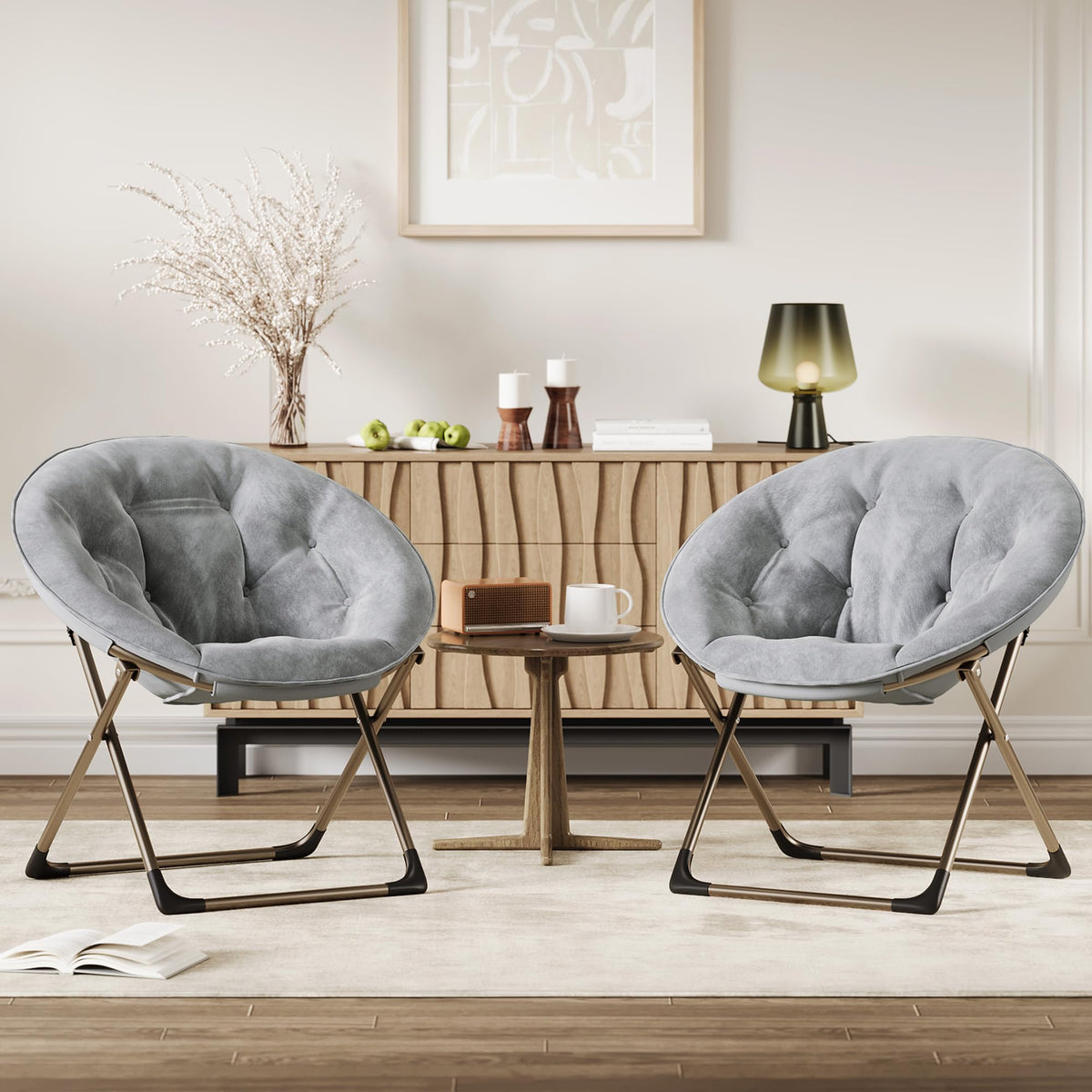 Fauteuil lunaire Garvee Saucer avec structure métallique pliable, coussin floral surdimensionné en peluche, confortable et stable pour la chambre et le salon, gris