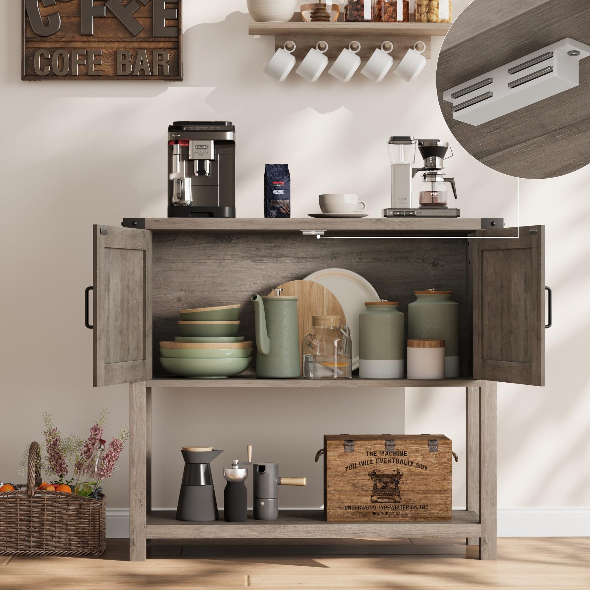 Console en bois Garvee style ferme avec 2 portes pour la cuisine et l'entrée, 80 x 36 x 86 cm, grise, robuste et multifonctionnelle