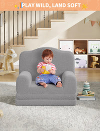 Canapé enfant convertible 2 en 1 Garvee, très confortable, en mousse, avec revêtement en sherpa doux et antidérapant, de couleur grise, idéal pour la salle de jeux. Léger et sûr.