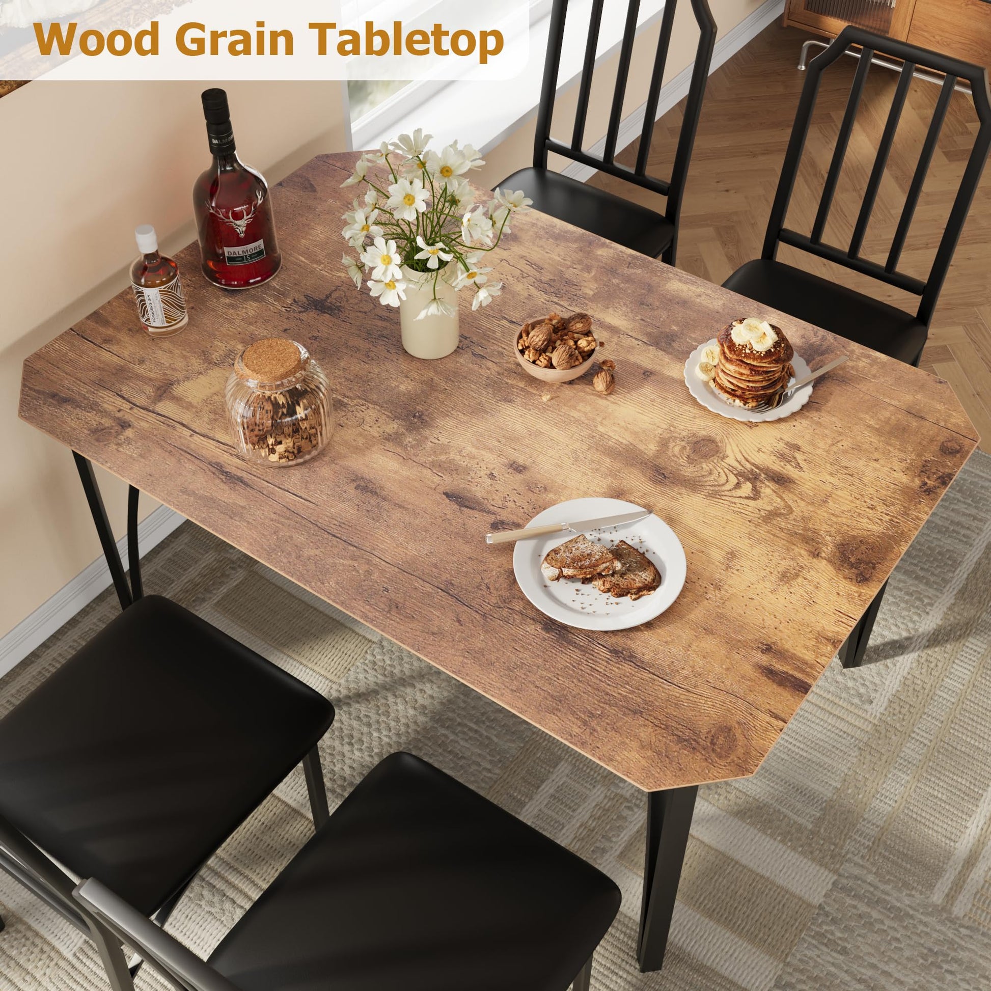 Ensemble de salle à manger Garvee pour 4 personnes avec design biseauté, chaises rembourrées en PU, MDF et acier, brun rustique, gain de place pour les petites cuisines