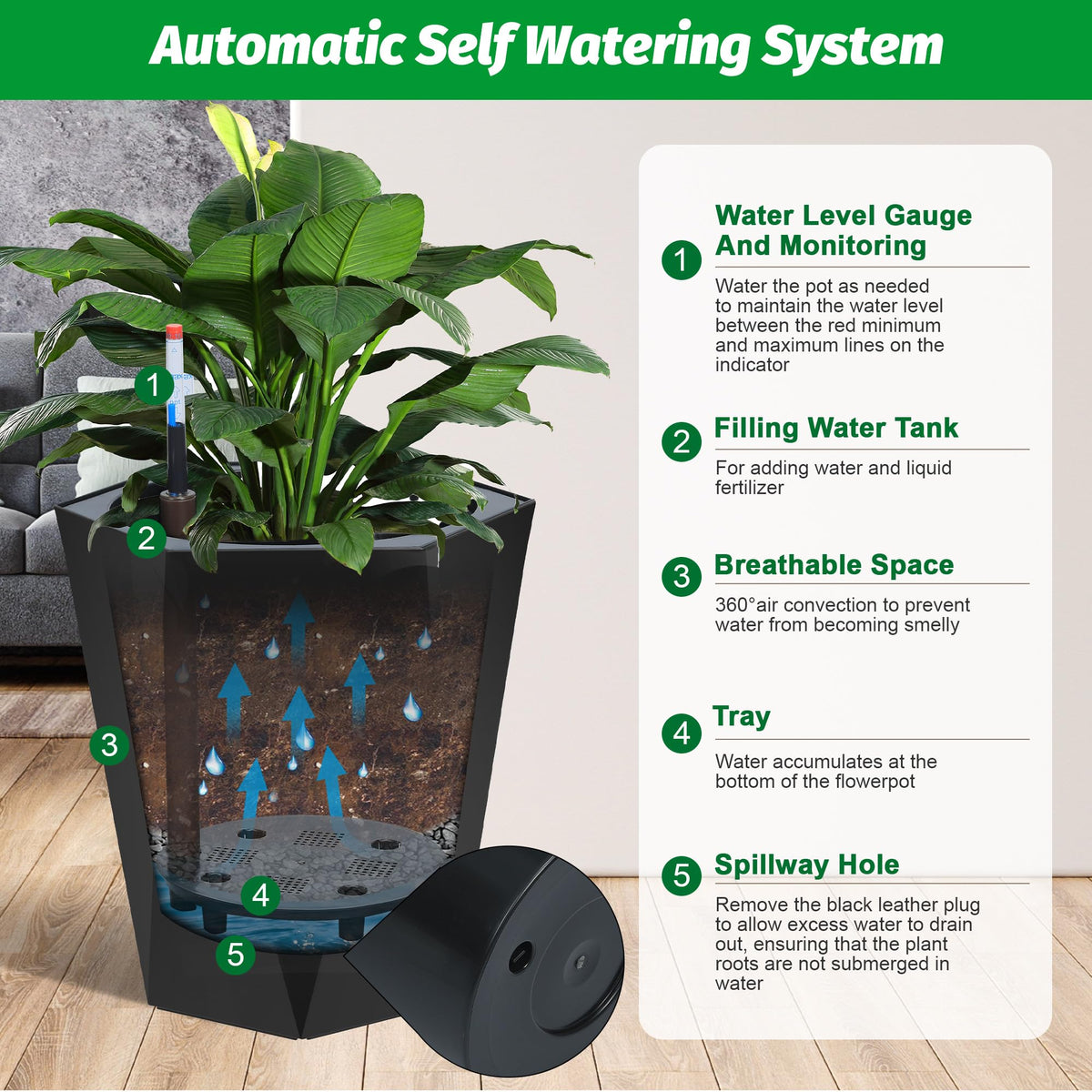 Garvee Lot de 2 jardinières diamant de 40 cm de haut, à arrosage automatique avec indicateurs de niveau d'eau, en plastique résistant aux intempéries, pour une utilisation intérieure et extérieure, blanches.