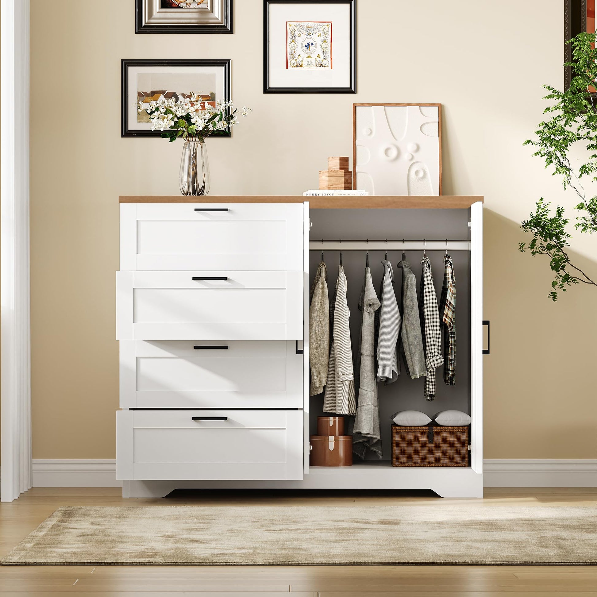 Garvee commode/armoire multifonctionnelle en bois avec 2 portes et 4 tiroirs pour chambre et dressing, imperméable, bois naturel