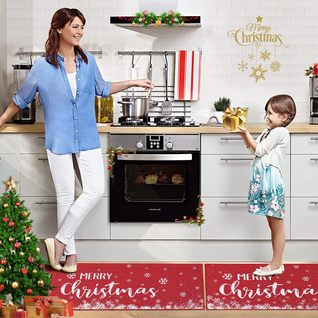 Garvee joyeux noël Keukentapijt Geweven lin antidérapant Wasbar Kerst Sneeuwvlok Design 40x60 40x120 cm décor de cuisine d'hiver