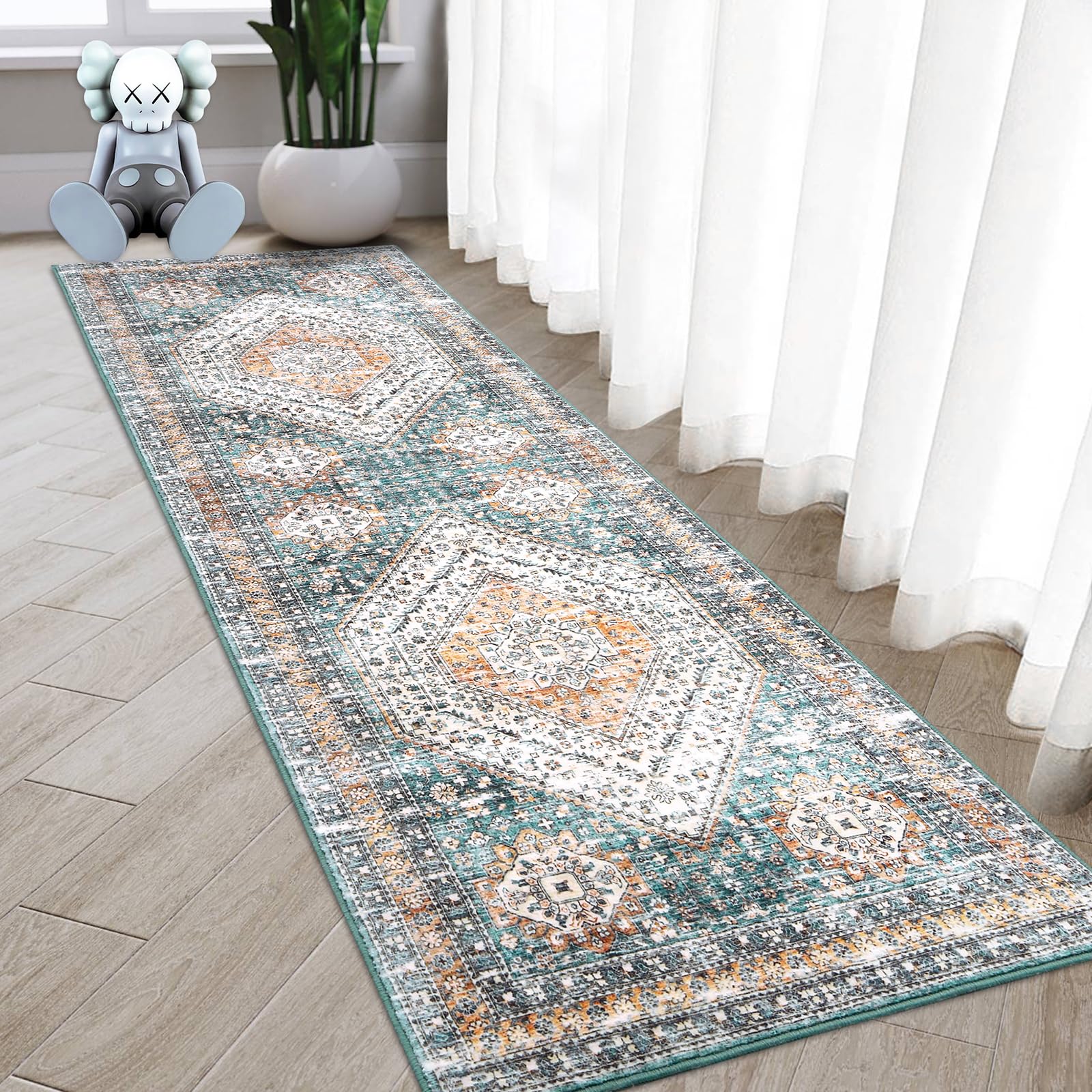 Tapis de couloir vintage Garvee, lavable, antidérapant, motif médaillon floral, vert, 60 x 230 cm, Allemagne