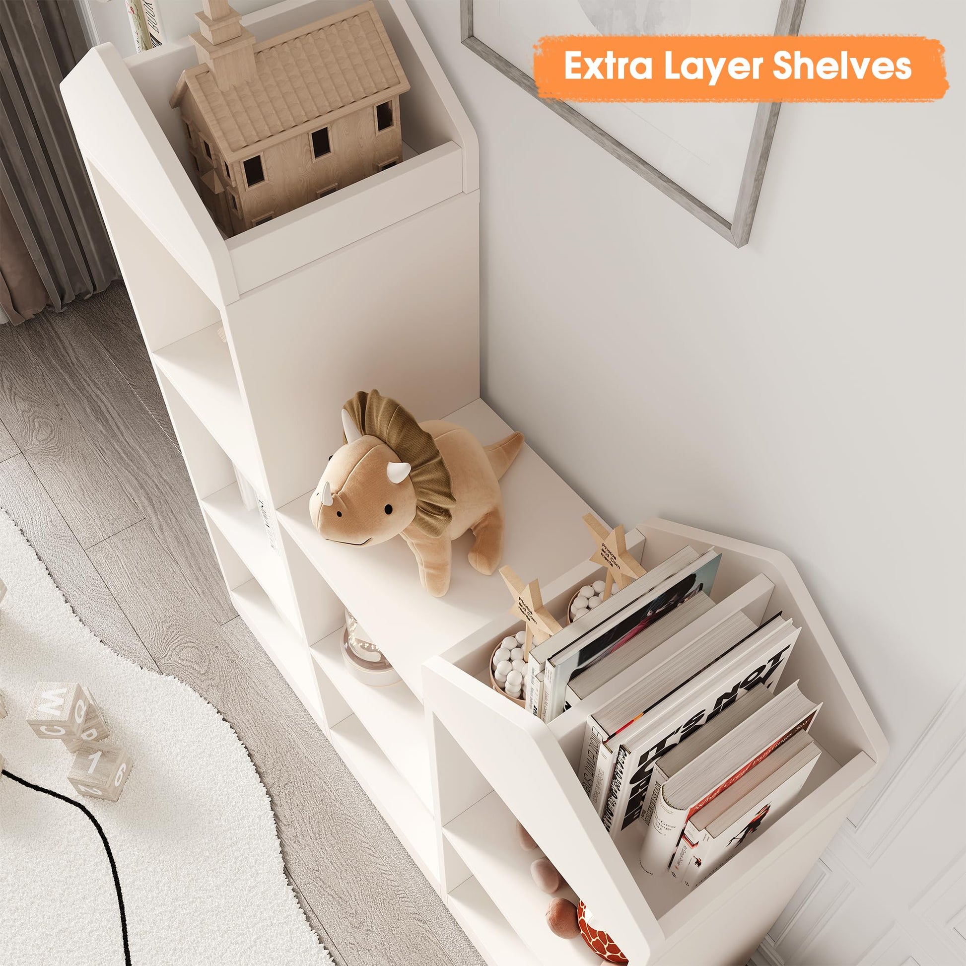 Étagère de rangement pour jouets Garvee, 7 compartiments, en forme de toit, robuste, en bois blanc, pour salle de jeux/chambre d'enfant, 107 x 91 x 30 cm