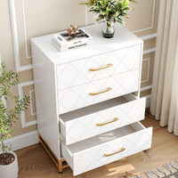 Commode Garvee pour chambre à coucher, 4 tiroirs, style moderne, poignées en métal, structure en MDF, blanche, robuste, grand espace de rangement, idéale pour le bureau ou le salon.