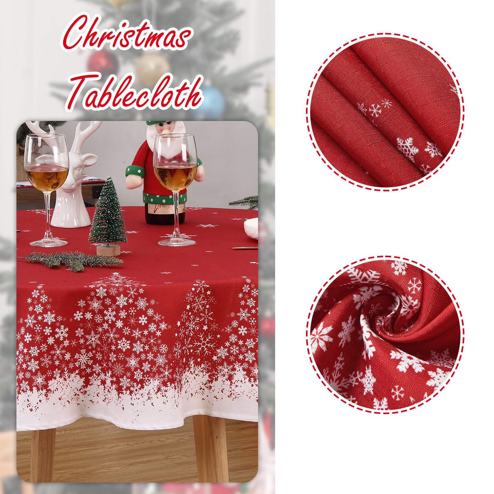 Nappe de Noël ronde Garvee à motif flocons de neige et sapin, imperméable, infroissable, rouge, 152 cm (60 pouces), idéale pour la salle à manger et les repas de fêtes.