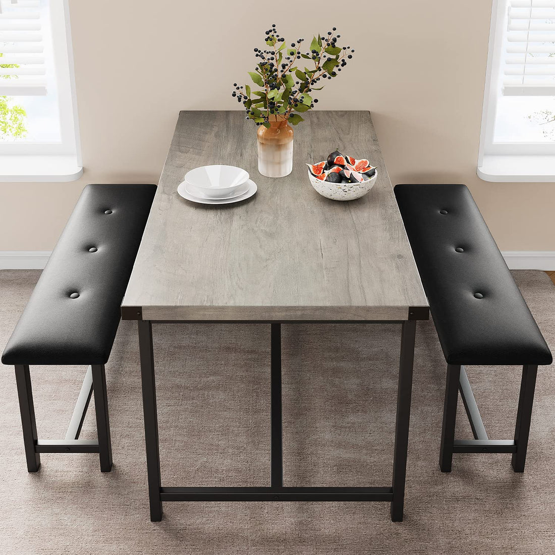 Ensemble table et chaises Garvee pour 4 personnes avec 2 banquettes rembourrées, table de cuisine rectangulaire, structure robuste en MDF et acier, gain de place, imperméable, gris rétro, idéal pour les petits espaces