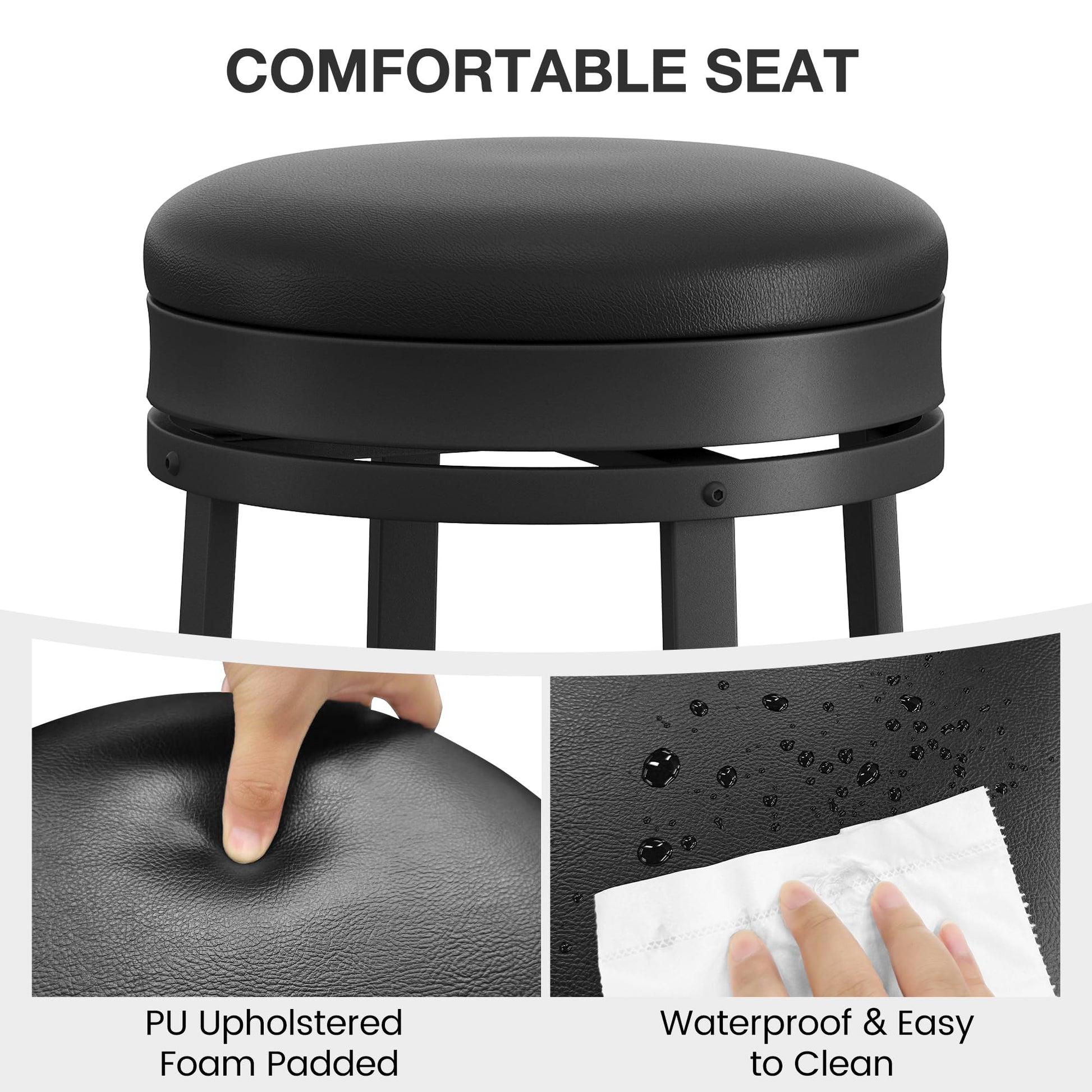 Garvee Lot de 2 tabourets de bar pivotants 61 cm, assise ronde en cuir PU noir, repose-pieds, cadre métal, sans dossier, pour îlot de cuisine