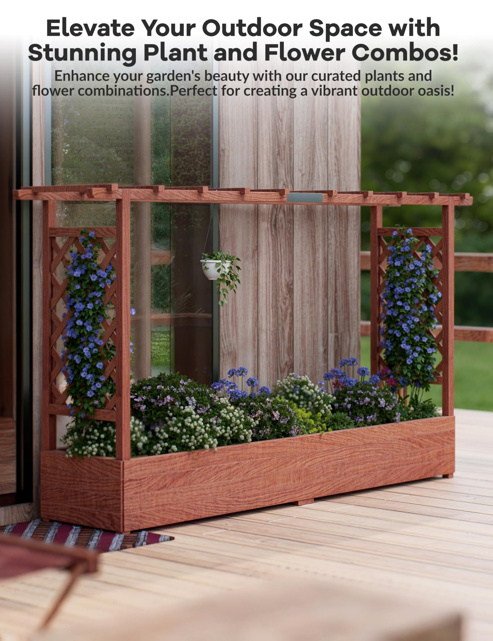 Jardinière surélevée Garvee avec treillis, bac à fleurs en bois de 114 cm (45 pouces), toit suspendu, résistante aux intempéries pour terrasse et balcon, coloris naturels