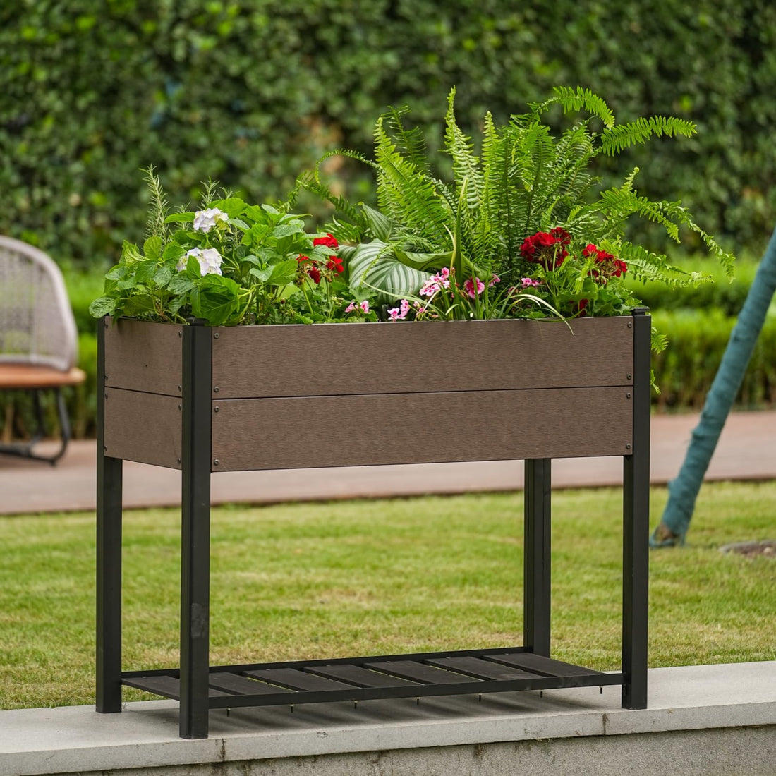 Jardinière surélevée Garvee en PEHD avec étagère, résistante aux intempéries, stable, structure en aluminium pour balcon et jardin, sans produits chimiques, 100 x 50 x 30 cm, grise