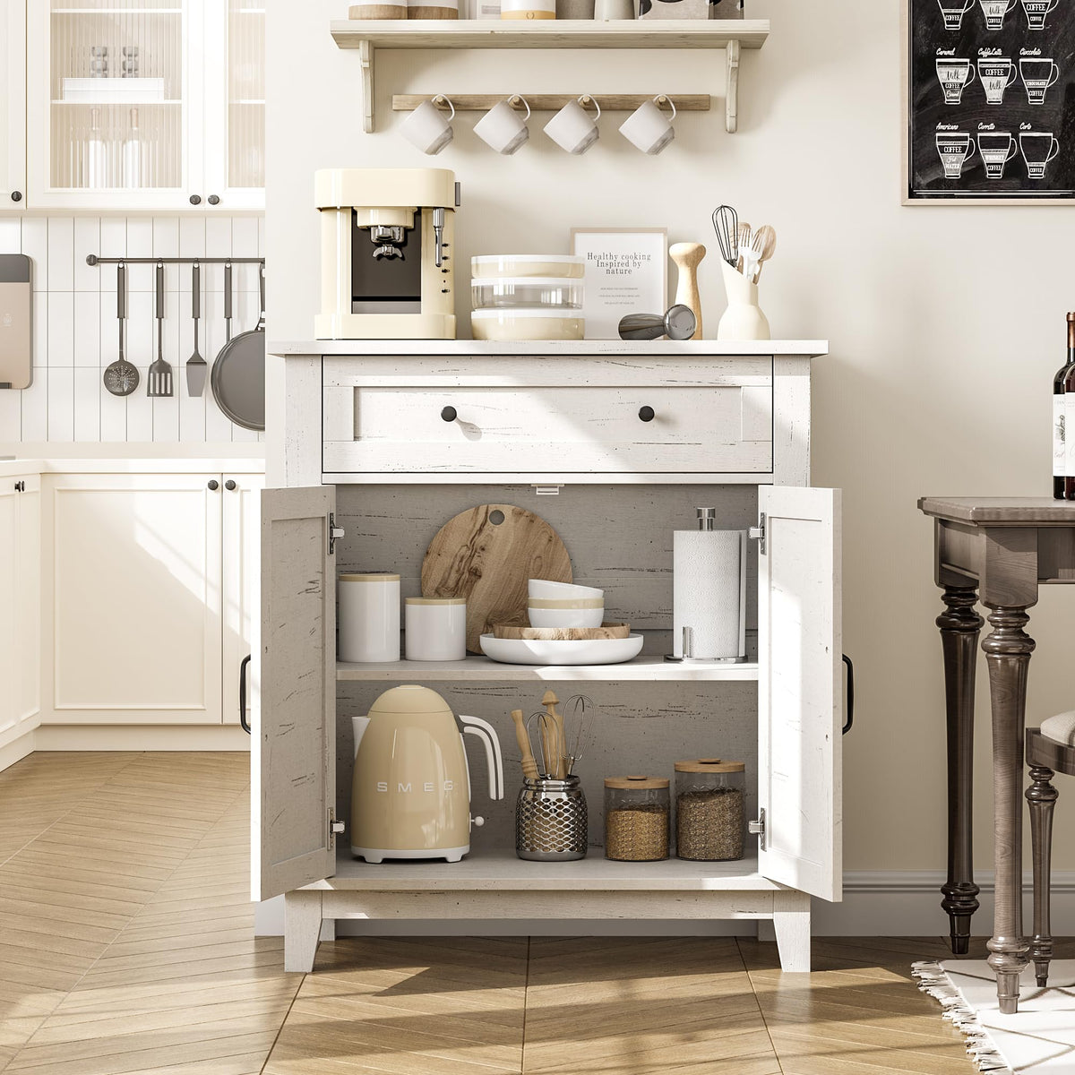 Garvee Armoire de rangement style ferme, étagère réglable à 3 niveaux, 7 vitesses, blanche, pour cuisine et entrée, 40 × 80 × 91 cm, style rustique