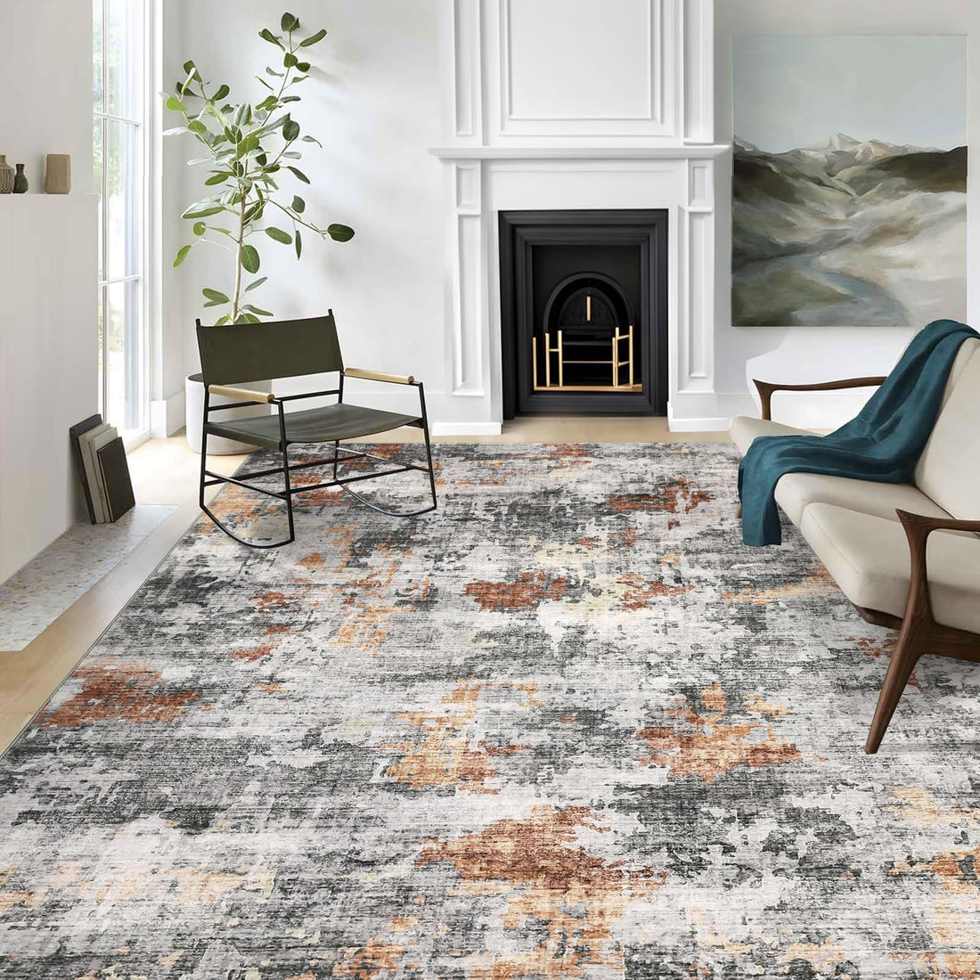 Tapis lavable Garvee, motif abstrait moderne, antidérapant, pour salon, chambre, salle à manger, couloir, cuisine, orange/gris