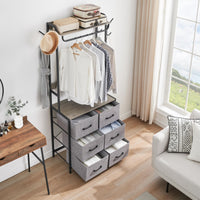 Portant à vêtements Garvee avec 4 tiroirs en tissu, structure en métal et plateau en bois, idéal pour la chambre et l'entrée. Gain de place, sûr et compact.