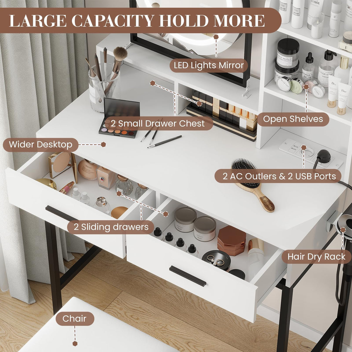 Garvee Grande coiffeuse avec rotation à 360°, éclairage et tabouret pour chambre à coucher, noir et blanc moderne