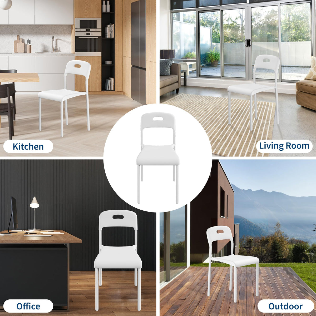 Ensemble de 4 chaises de salle à manger Garvee - Empilables, ergonomiques - Pieds en métal, plastique - Blanches - Pour la cuisine, le bureau et les espaces extérieurs