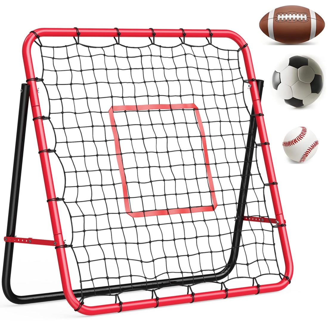 Garvee Filet de rebond de football 113 x 113 cm avec cadre en fer, angle réglable pour jardin et terrain, robuste et facile à monter