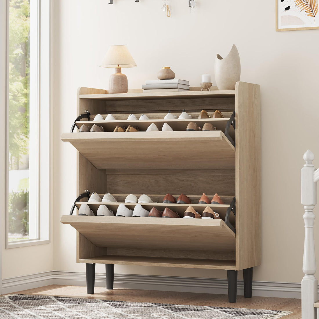 Garvee Meuble à chaussures 2 tiroirs abattants, MDF bois naturel, 87,6×26,7×95,2cm, étagères réglables pour entrée et salon