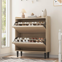 Meuble à chaussures Garvee avec 2 tiroirs abattants, étagère réglable, en MDF, idéal pour l'entrée et le salon, 87,6 x 26,7 x 95,2 cm, peu encombrant et robuste.