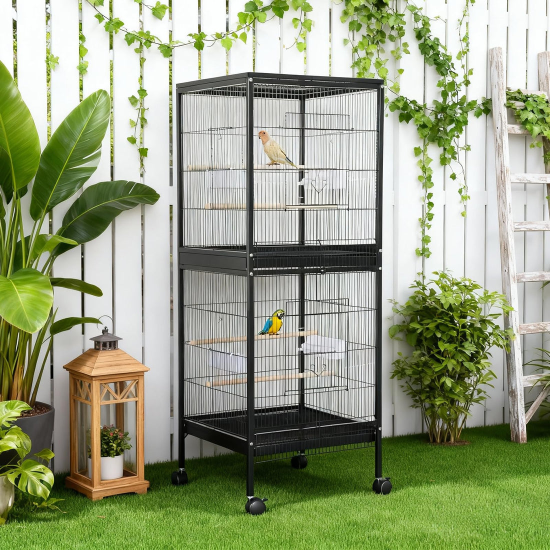 Cage à oiseaux Garvee 55" avec perchoirs en bois, métal, 4 portes, roulettes, pour oiseaux de petite et moyenne taille, usage domestique et vétérinaire, grande taille, noire