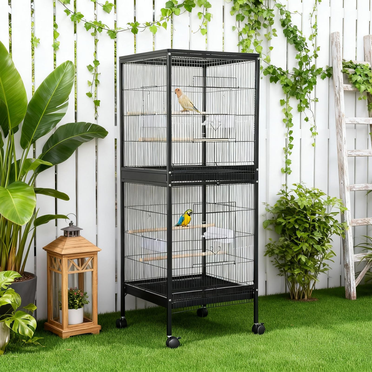 Cage à oiseaux Garvee 55" avec perchoirs en bois, métal, 4 portes, roulettes, pour oiseaux de petite et moyenne taille, usage domestique et vétérinaire, grande taille, noire