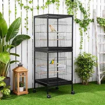 Cage à oiseaux Garvee 55" avec perchoirs en bois, métal, 4 portes, roulettes, pour oiseaux de petite et moyenne taille, usage domestique et vétérinaire, grande taille, noire