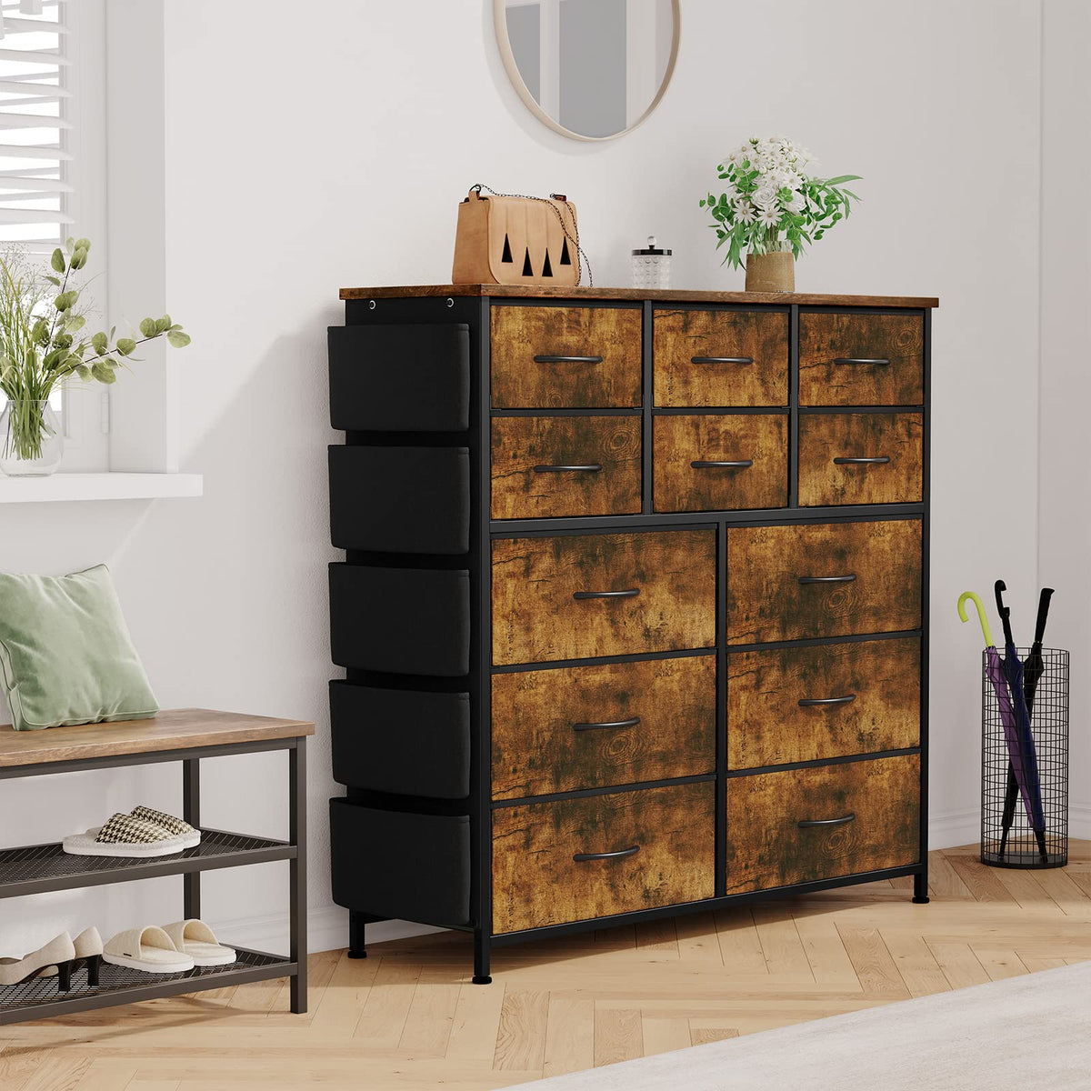 Garvee commode à 12 tiroirs, revêtement en tissu, structure en métal, plateau en bois, idéale pour la chambre et l'entrée