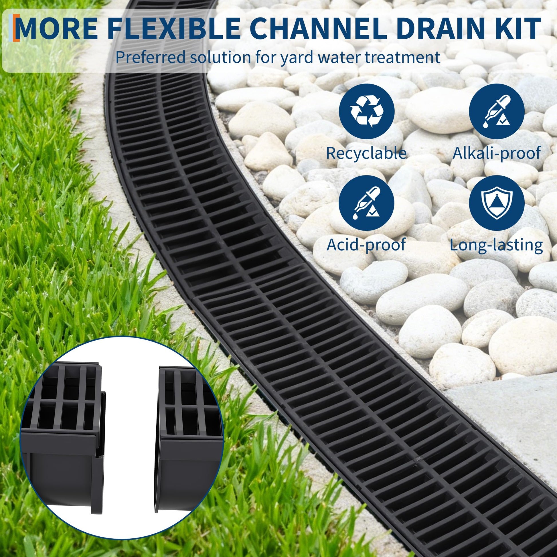 Système de caniveau Garvee en plastique PEHD, capacité de charge A125, grille en plastique, ensemble de 3 pièces pour jardin et terrasse