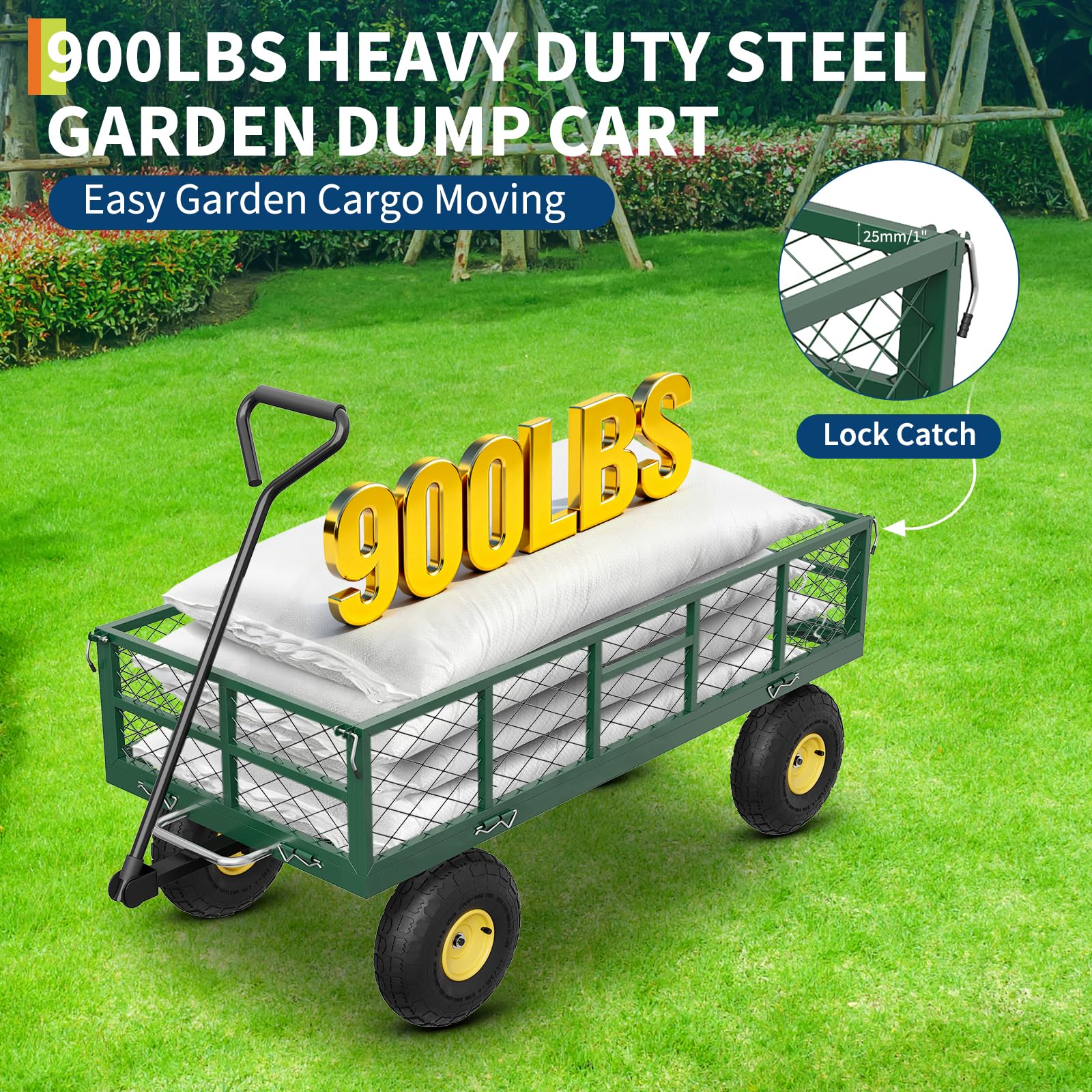 Garvee Chariot de jardin basculant 408 kg avec côtés amovibles, poignée rotative 180° et pneus 25 cm, acier robuste tout-terrain pour jardin et ferme