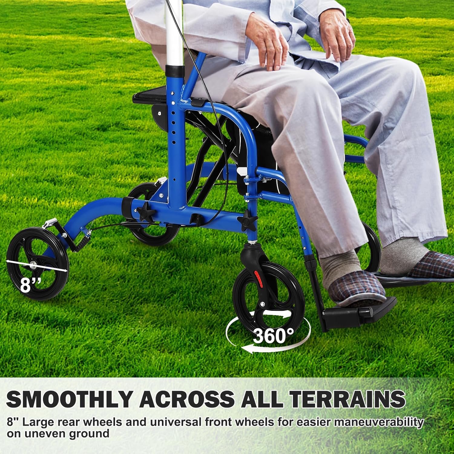 Garvee Rollator 2 en 1 pour seniors, aluminium pliable, roues anti-crevaison 25 cm, accoudoirs et repose-pieds amovibles, intérieur/extérieur, bleu et noir