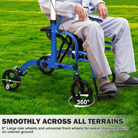 Garvee Rollator 2 en 1 pour seniors, aluminium pliable, roues anti-crevaison 25 cm, accoudoirs et repose-pieds amovibles, intérieur/extérieur, bleu et noir