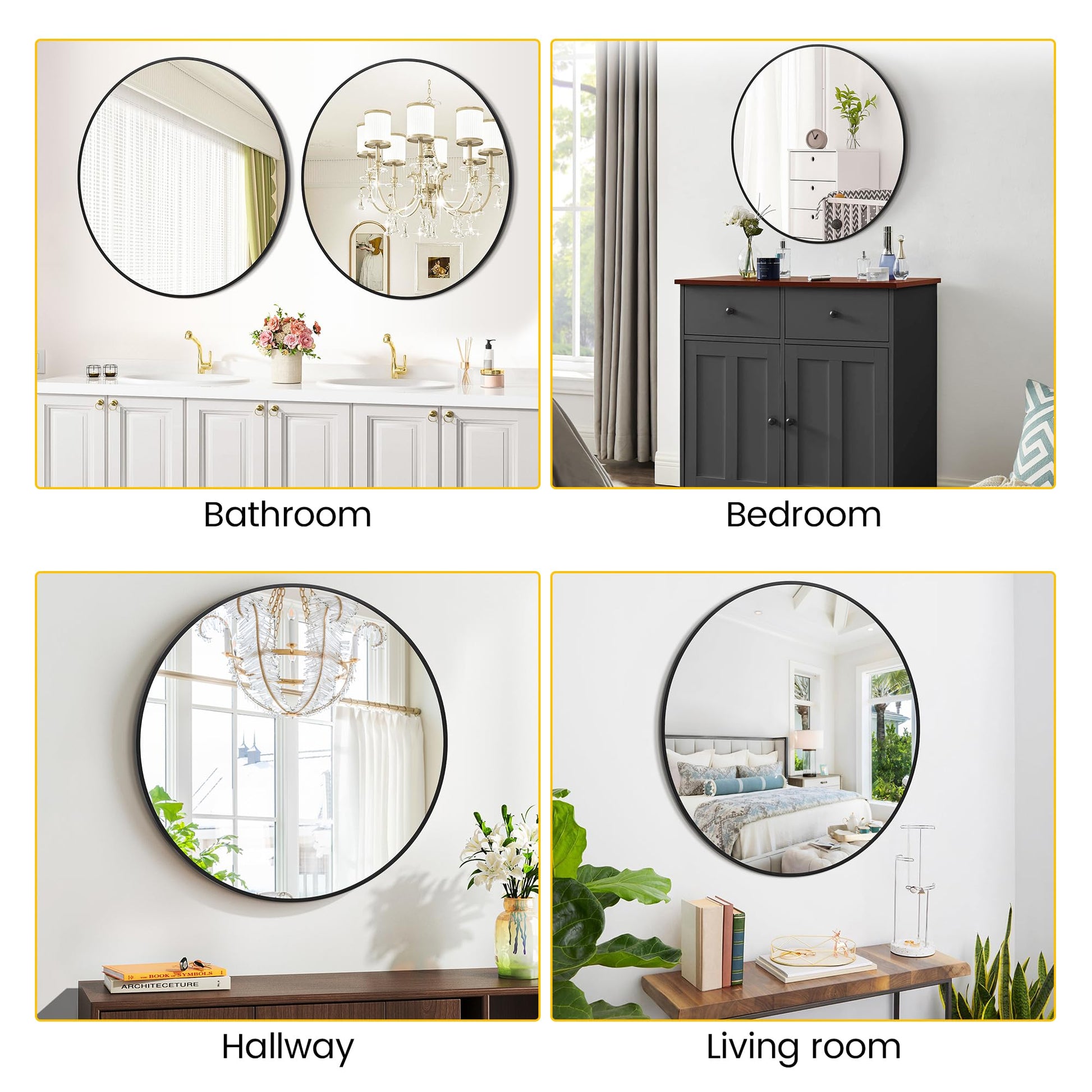 Miroir mural rond noir Garvee 91 cm (36 pouces), cadre en métal, verre 5 mm, style moderne, idéal pour salle de bain et salon.