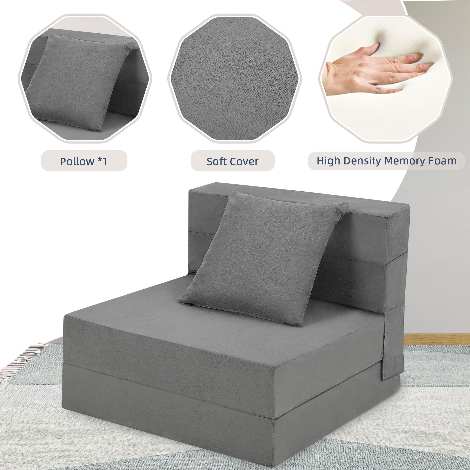 Canapé-lit pliable Garvee avec oreillers, mousse à mémoire de forme, multifonctionnel pour salon et bureau, 182 x 71 x 15 cm, gris