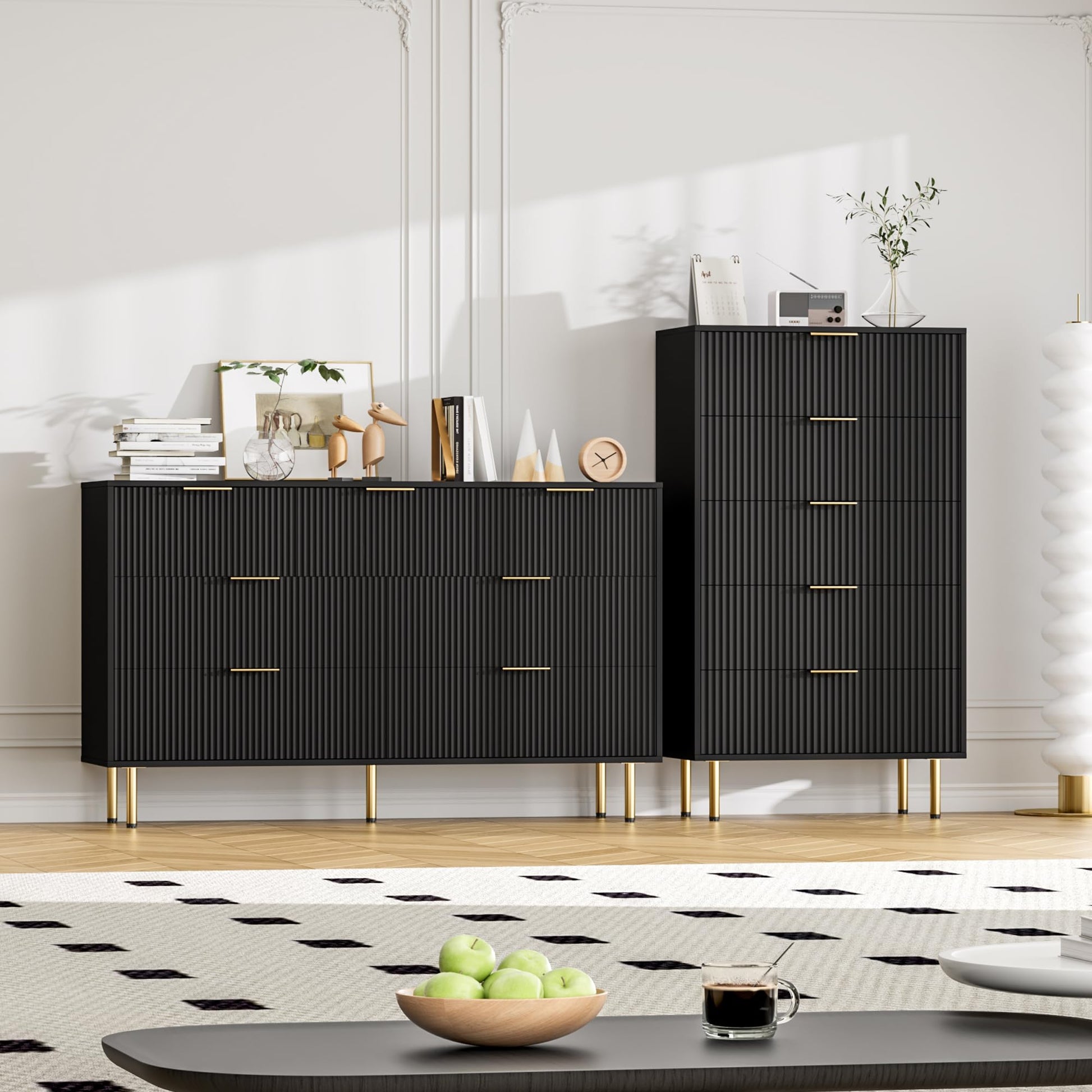Garvee commode moderne à 5 tiroirs avec panneau cannelé, bois MDF, poignées en métal, pour chambre et couloir, 66 × 33 × 12 cm, noir