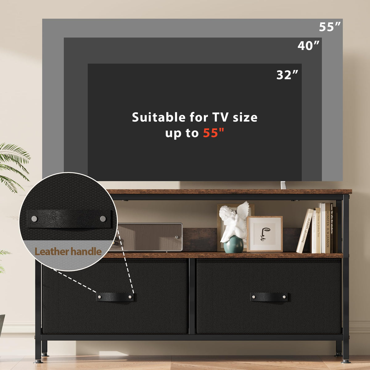 Garvee Meuble TV 127 cm, style commode compacte avec 2 tiroirs, bois brun/noir rétro pour salon et chambre