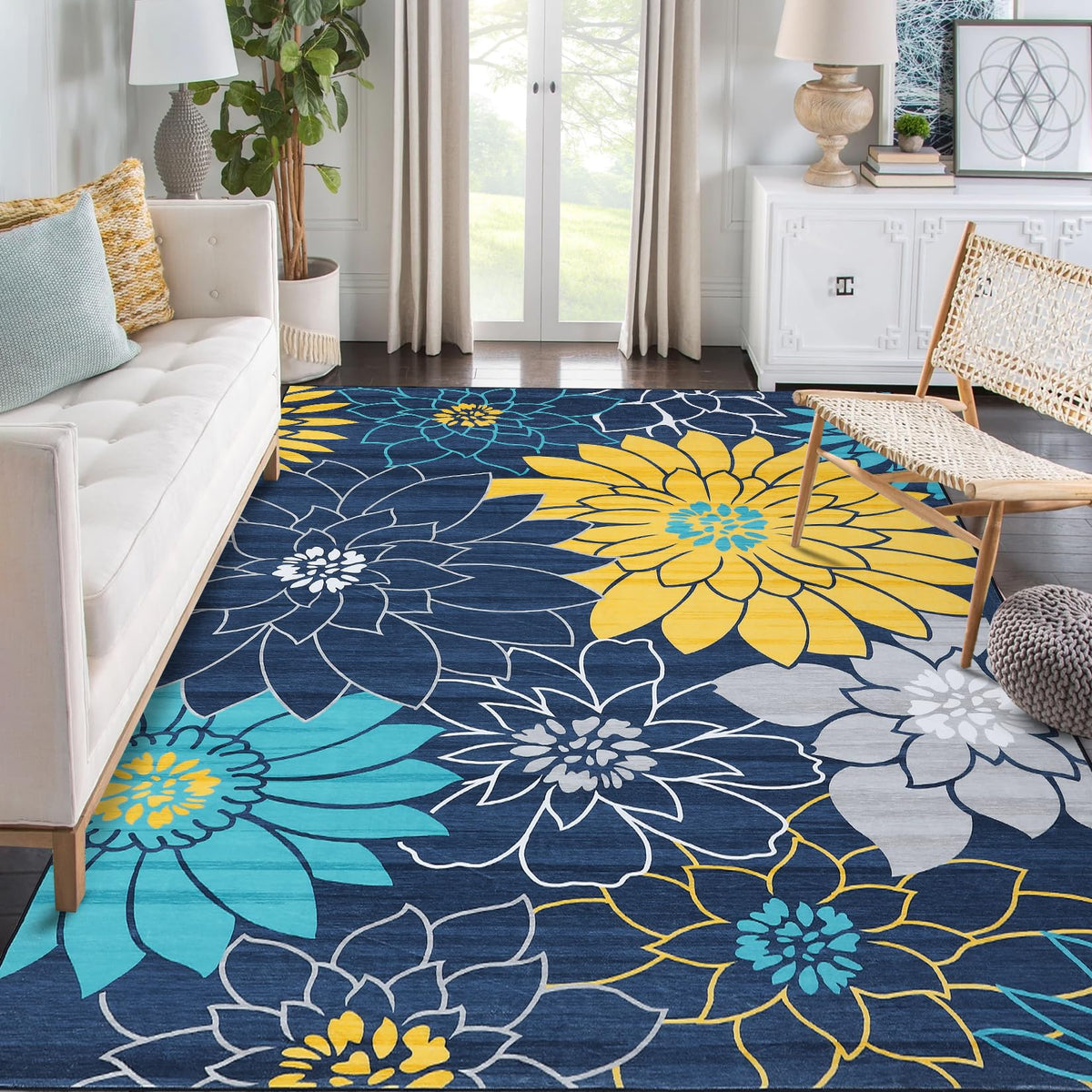 Tapis de salon Garvee lavable en machine à motif floral, antidérapant, plat, pour chambre, cuisine, chambre d'enfant, bleu, 160 x 230 cm