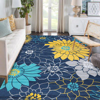 Tapis de salon Garvee lavable en machine à motif floral, antidérapant, plat, pour chambre, cuisine, chambre d'enfant, bleu, 160 x 230 cm