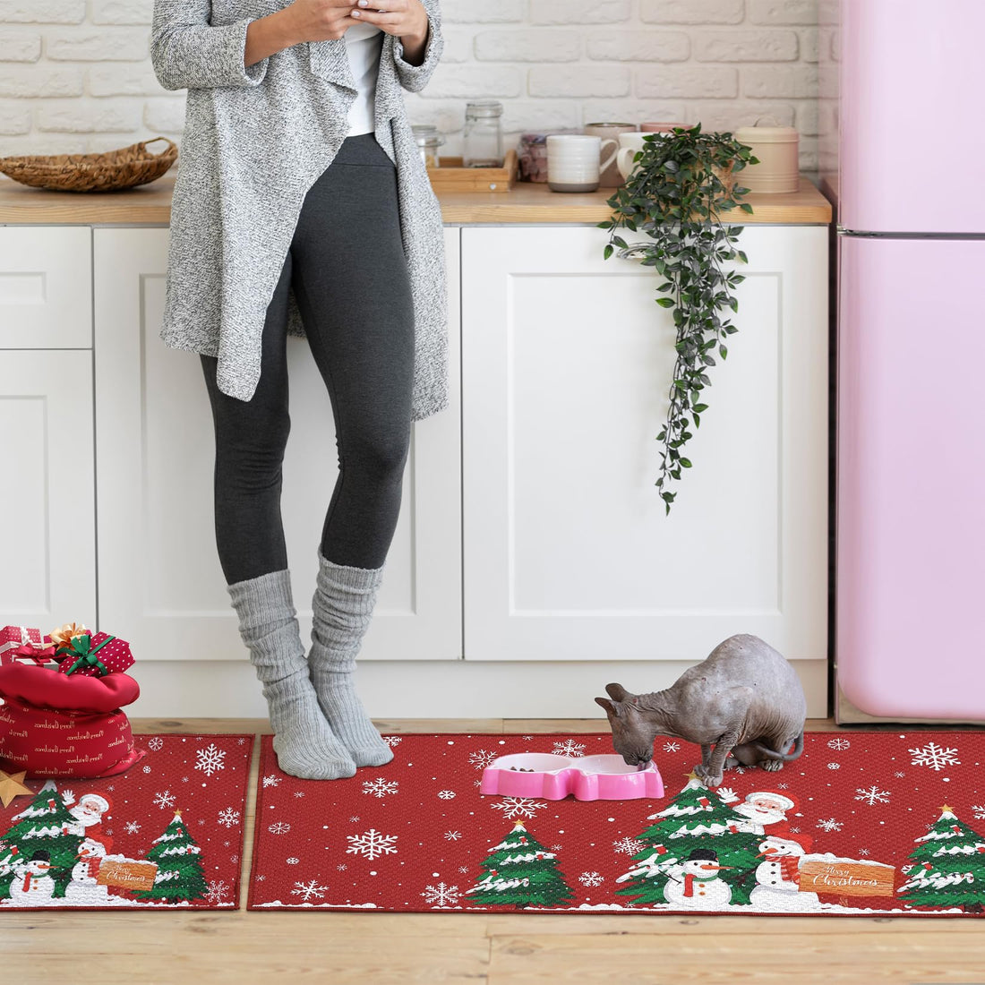 Tapis de cuisine de Noël Garvee Père Noël, lot de 2, antidérapant, pour cuisine, bureau et buanderie, 40 x 60 cm + 40 x 120 cm