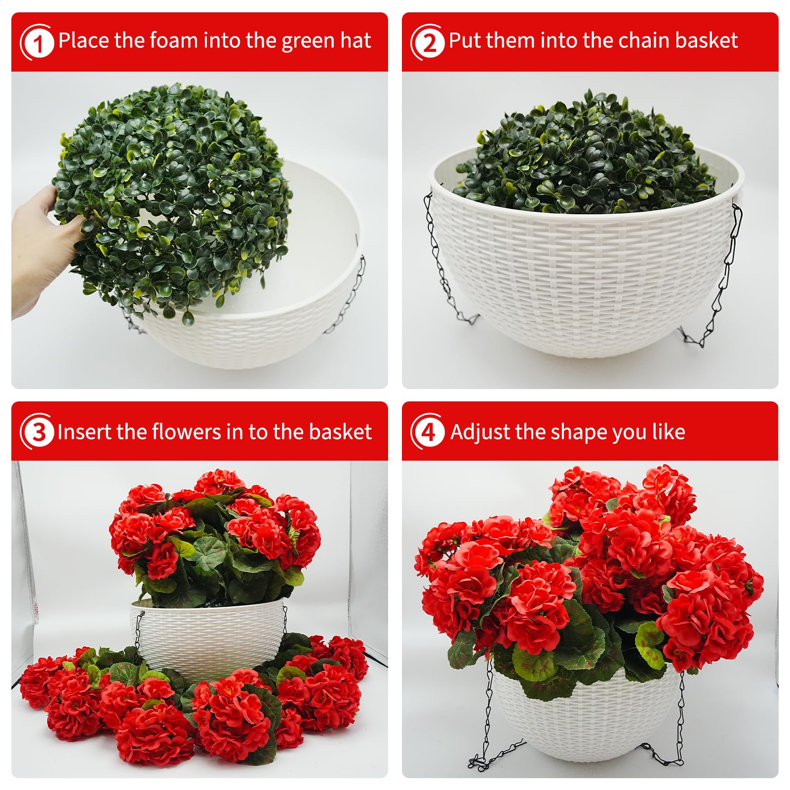 Garvee Ensemble de géraniums artificiels d'extérieur - 2 paniers suspendus avec 12 fleurs rouges pour jardin, terrasse, Noël, résistant aux intempéries et aux UV, en plastique
