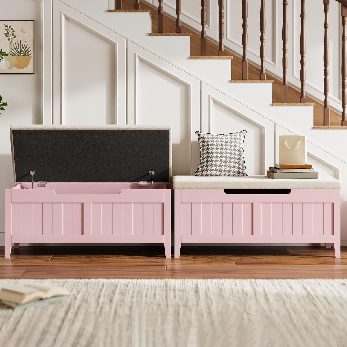 Banc de rangement Garvee avec coussin, coffre en bois de 100 cm, 2 charnières de sécurité, salon et chambre, bois aggloméré, poignées ergonomiques, couvercle rabattable, grand coffre, montage facile