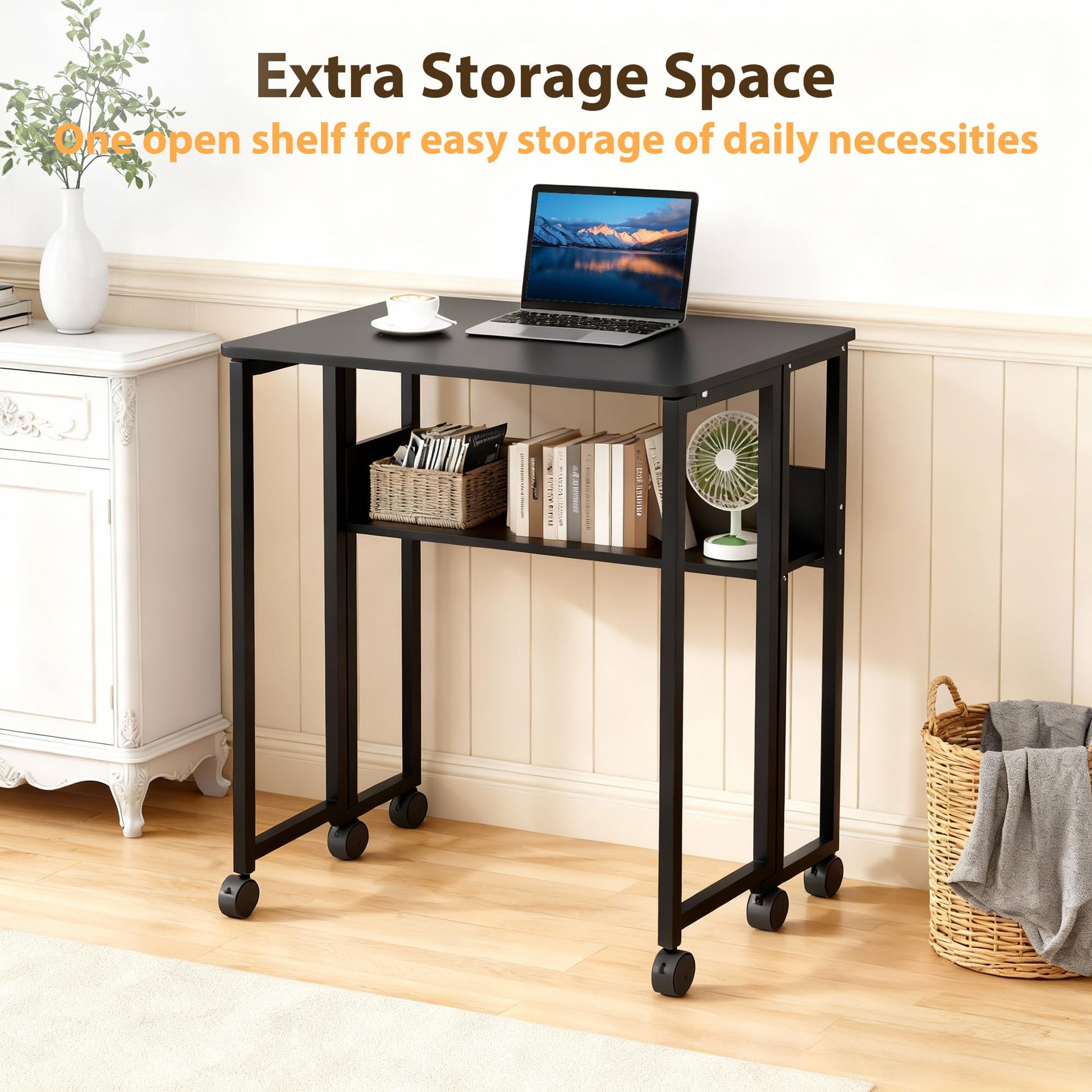 Table pliante compacte Garvee avec roulettes, bureau pliable de 80 cm (31,5 po), structure en acier, étagère de rangement, noire, idéale pour le bureau à domicile et les études.