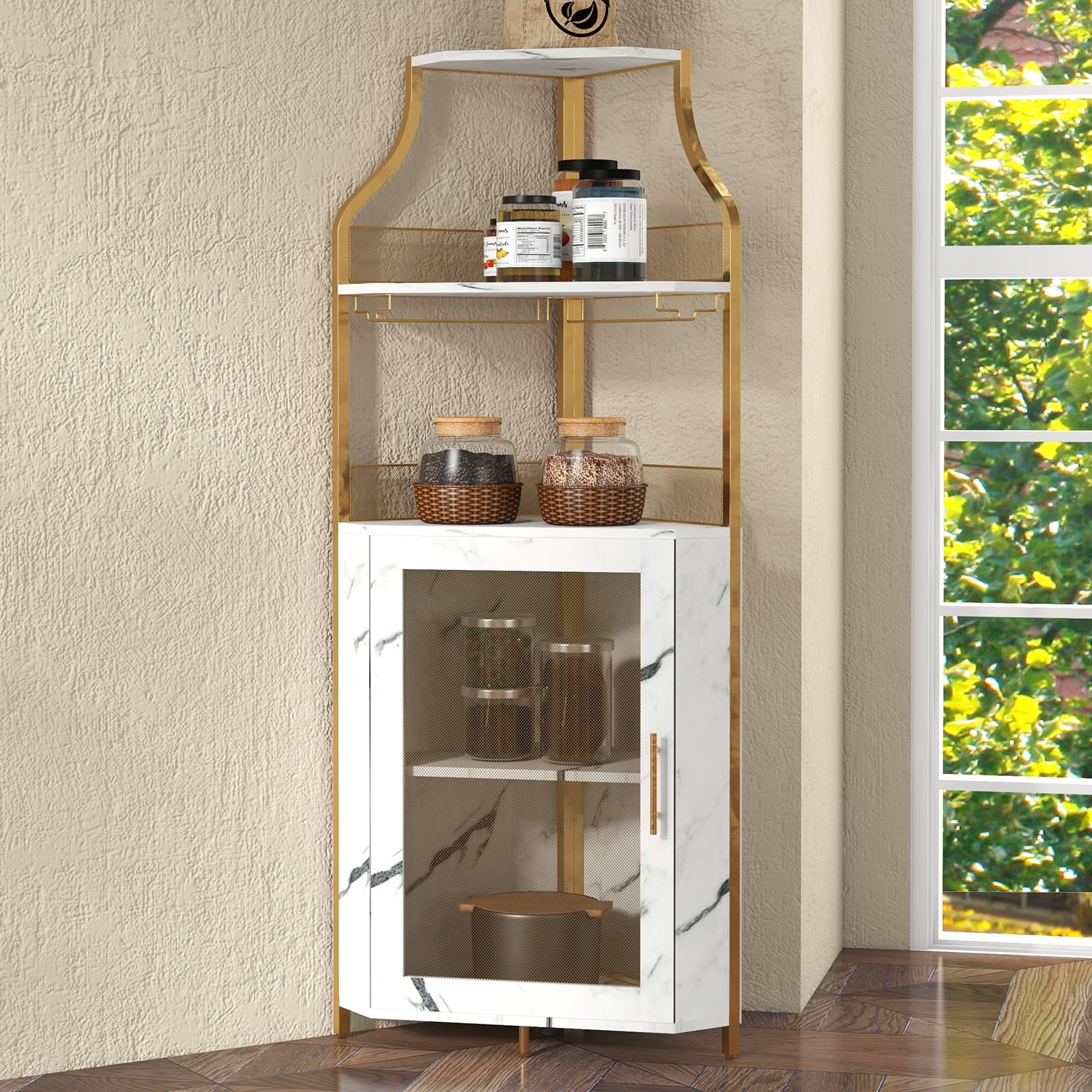 Meuble bar d'angle Garvee pour spiritueux avec étagères réglables, 155 cm, style industriel, structure robuste en MDF et métal, porte grillagée, porte-verres, autoportant, cuisine et salon, noir