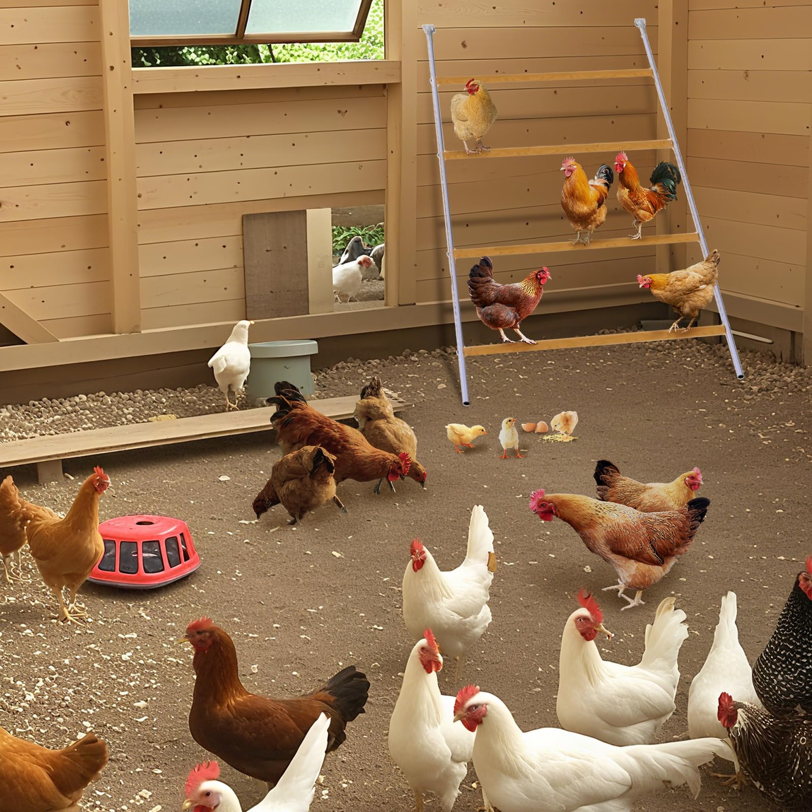 Garvee Perchoir à poules 140 × 102 cm, fer galvanisé et bois, échelle stable multi-niveaux avec barres rondes pour poulailler extérieur