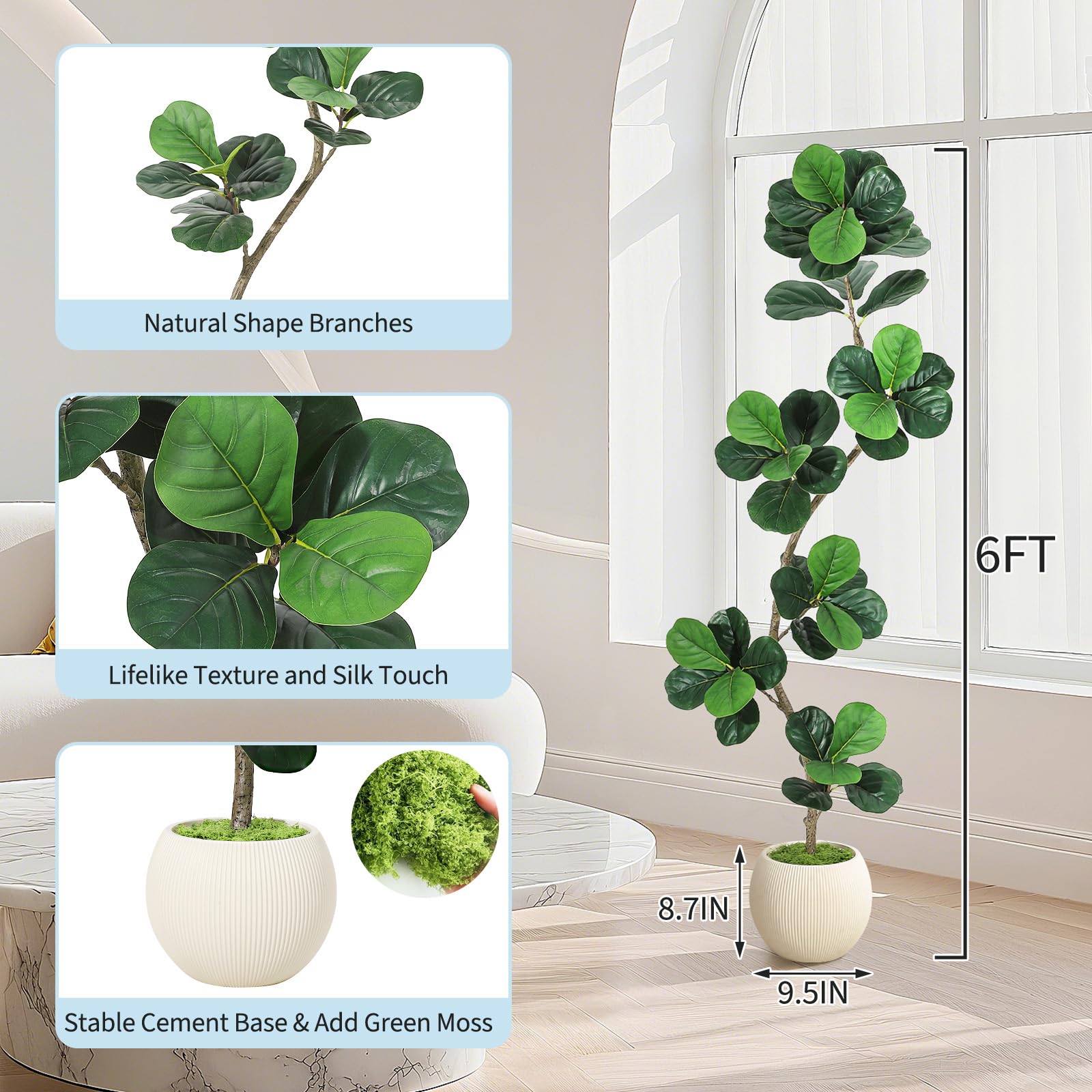 Garvee Ficus lyrata artificiel 183 cm en forme de S, pot blanc, feuilles en soie réalistes et branches ajustables, vert
