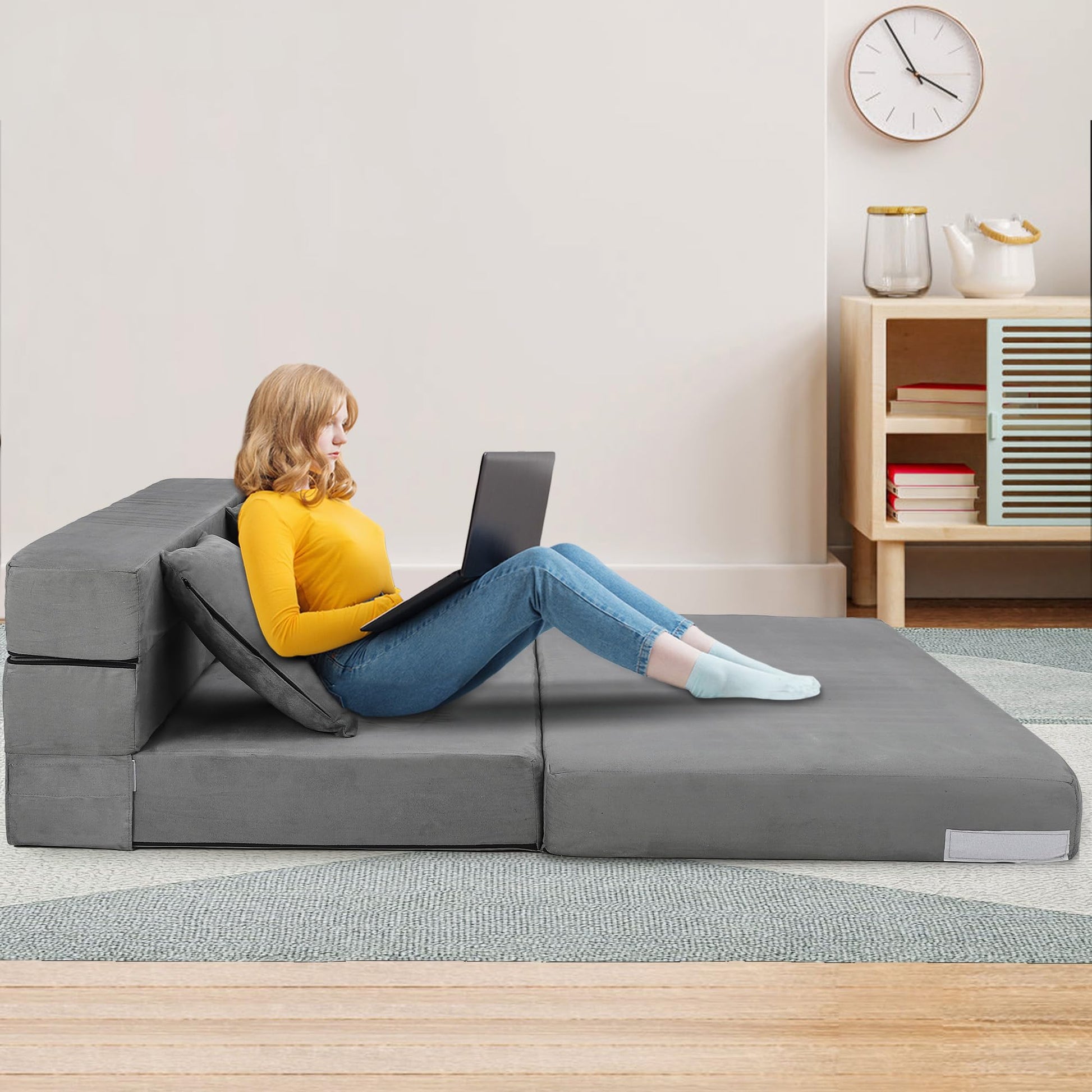 Canapé-lit pliable Garvee avec coussins en mousse à mémoire de forme, ergonomique et polyvalent pour le salon et le bureau, 203 x 152 x 15 cm, gris