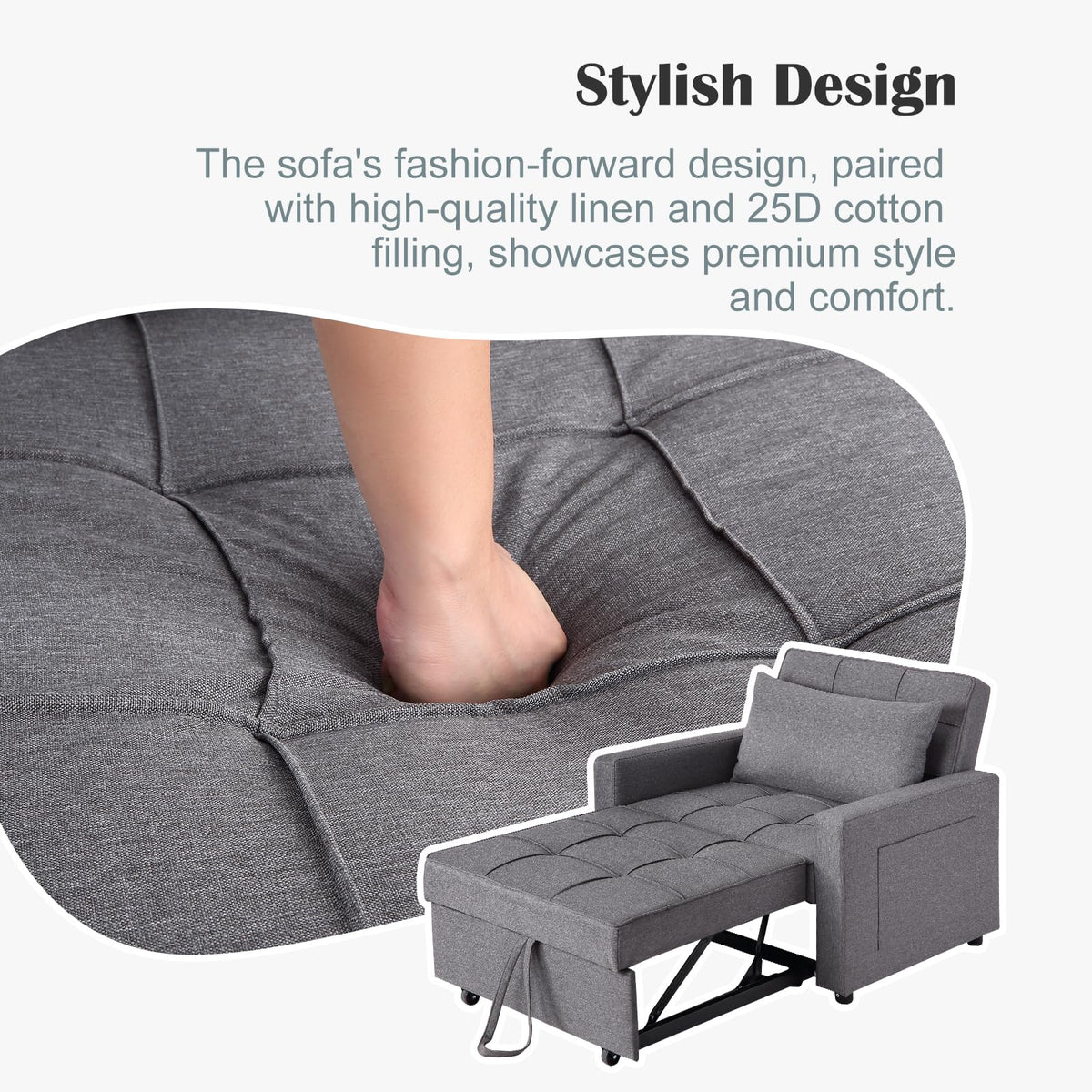 Canapé-lit/fauteuil convertible 3 en 1 Garvee, revêtement en lin, gain de place, 192 x 96 x 59 cm, gris