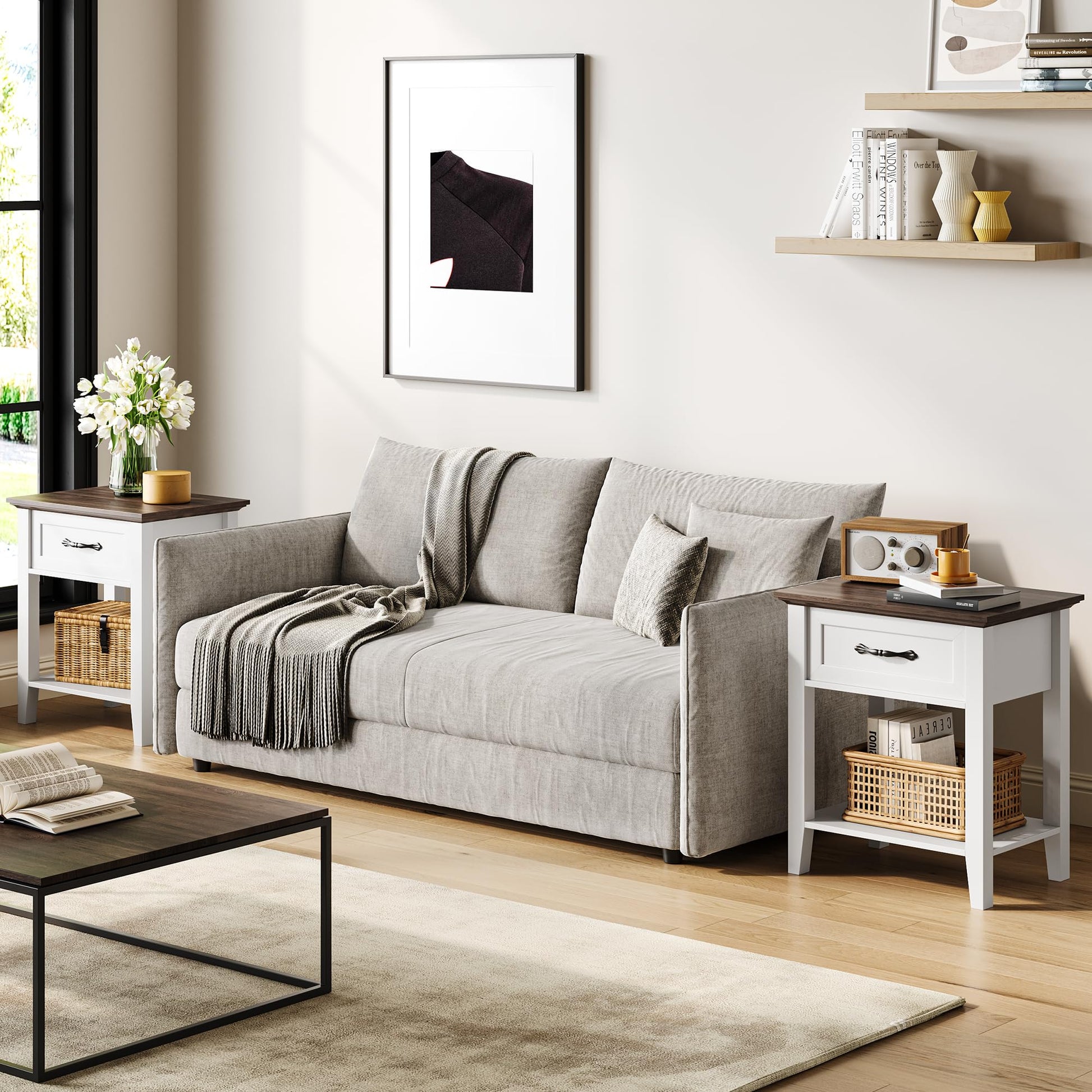 Table de chevet Garvee avec tiroir, 2 niveaux de rangement, bois, blanc, pour chambre et salon, robuste et polyvalente