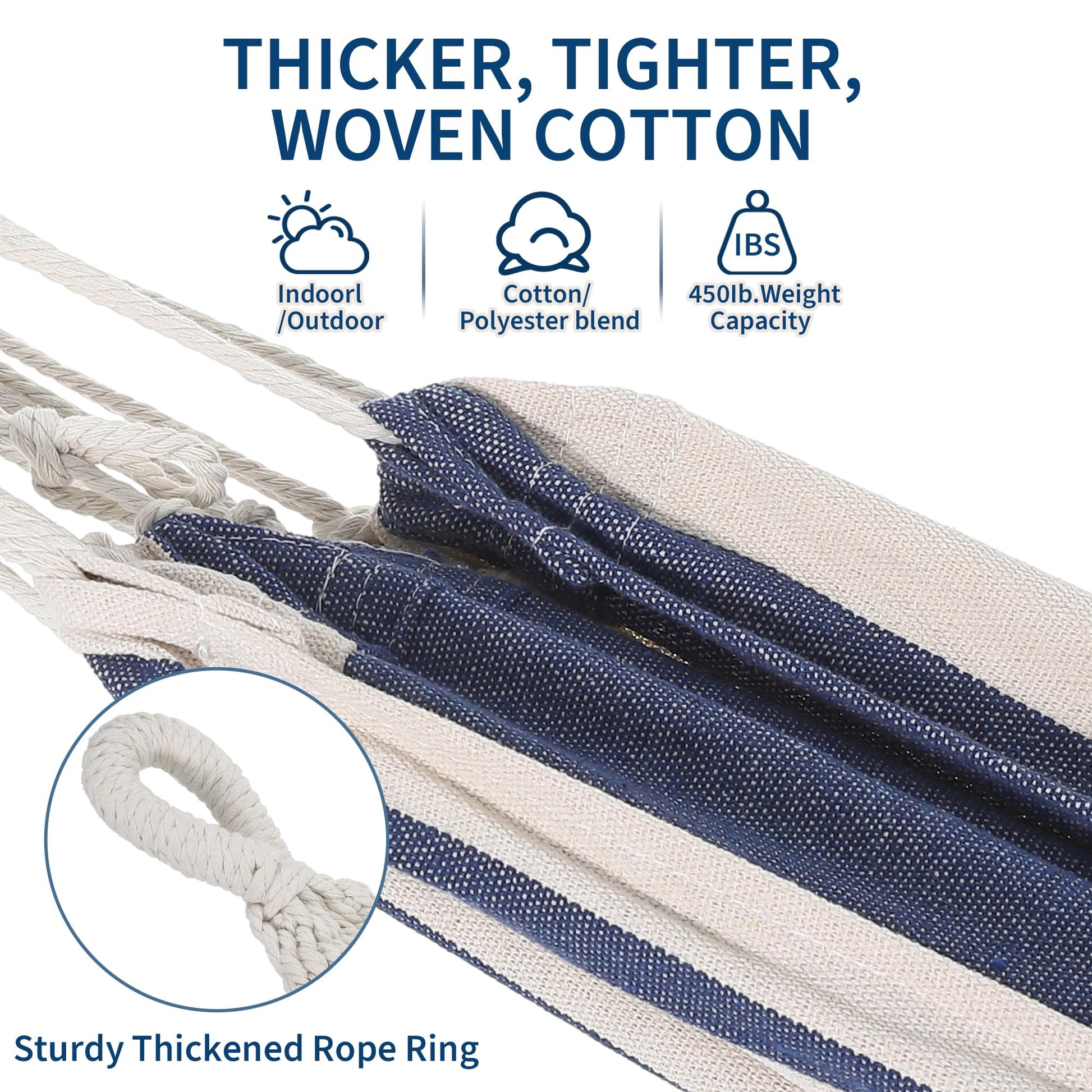 Hamac double Garvee avec structure en acier, en coton confortable, portable, à rayures bleues et blanches, pour une utilisation intérieure et extérieure, capacité de charge de 204 kg