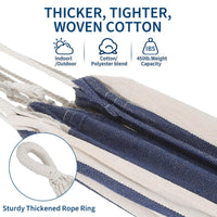 Hamac double Garvee avec structure en acier, en coton confortable, portable, à rayures bleues et blanches, pour une utilisation intérieure et extérieure, capacité de charge de 204 kg